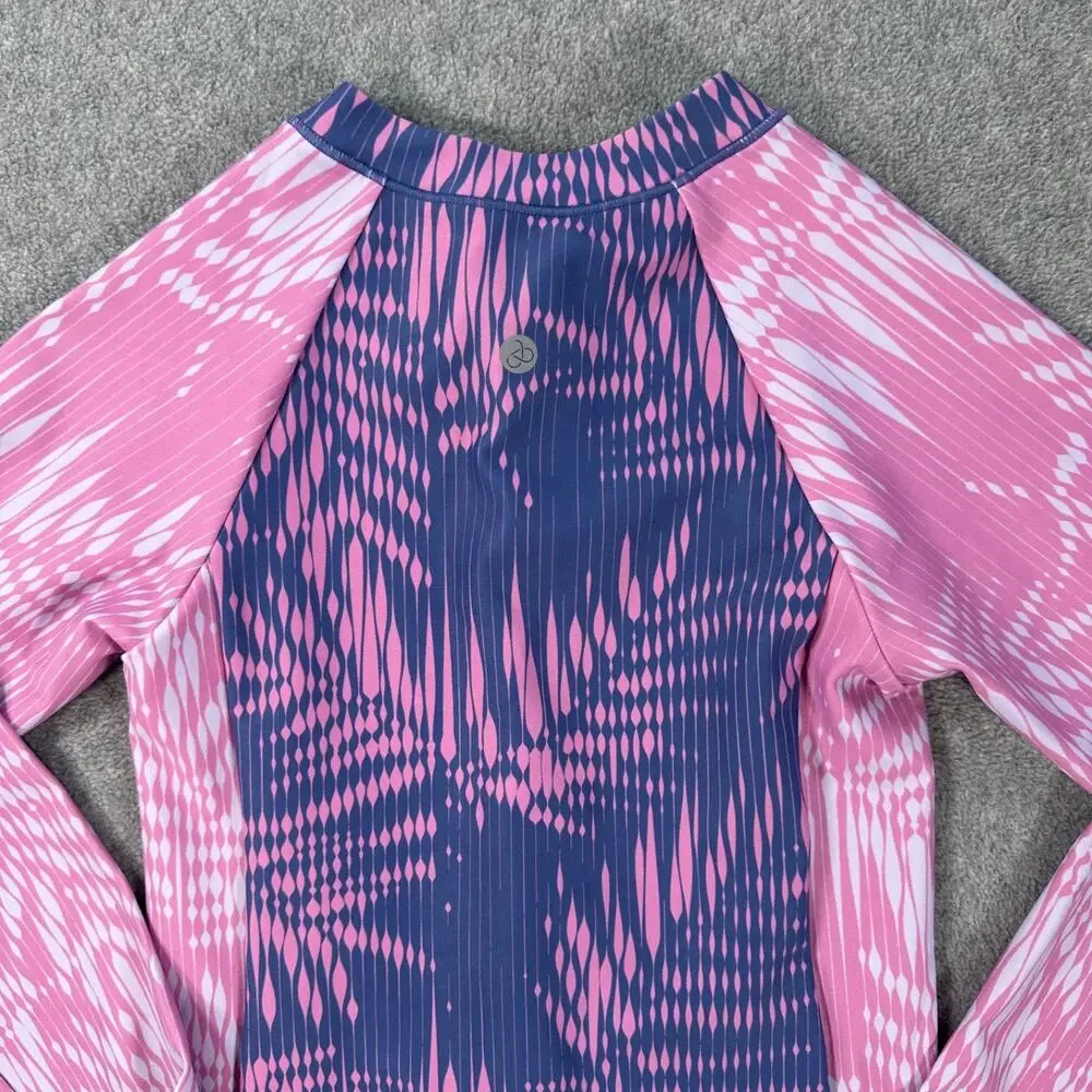 Zella Girls Size 12 Long Sleeve One Piece Swimsuit Zip Up Pink/Blue High Neck